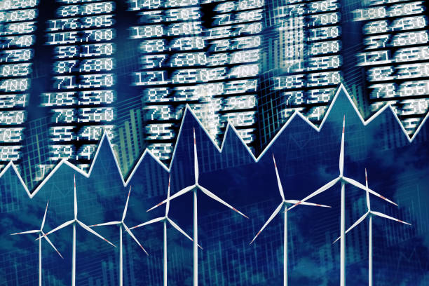 Renewable energy with wind turbines and stock exchange vector art illustration