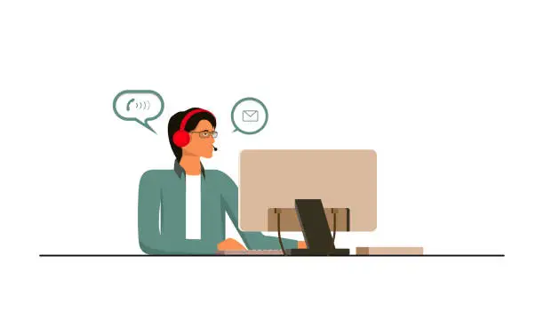 Vector illustration of Support service. Call center support .Operator of call center. Customer service character. Client services and communication.