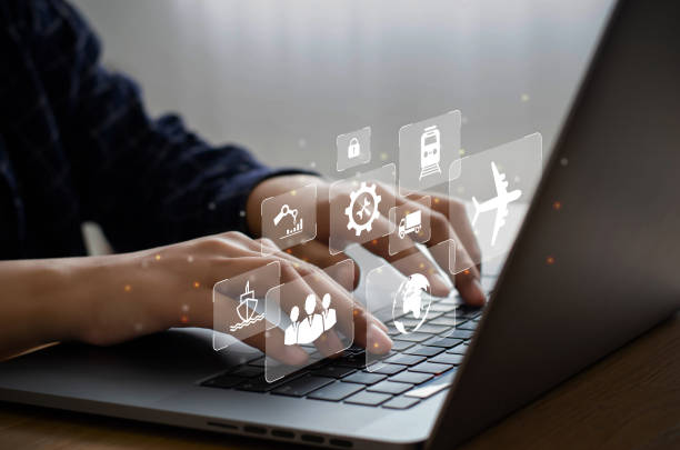 istock Business people using business computers deal with global distribution and logistics network distribution on industrial container terminals. Export, import, warehousing, online distribution. 1358583967