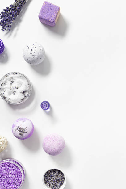 istock Natural Lavender essential fragrant aromatherapy, bath bomb, soap, bottle essential oil, jar with sea salt. Lavender Herbal medicine, natural cosmetic for body treatment, Health and self-care 1358585043
