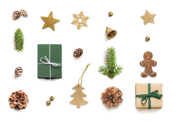 Christmas gift boxes and baubles collection on white background