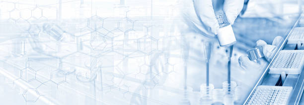 Science, research and medicine in the lab with equipment like analyzer, pipette, microscope, DNA and formulas with copy space