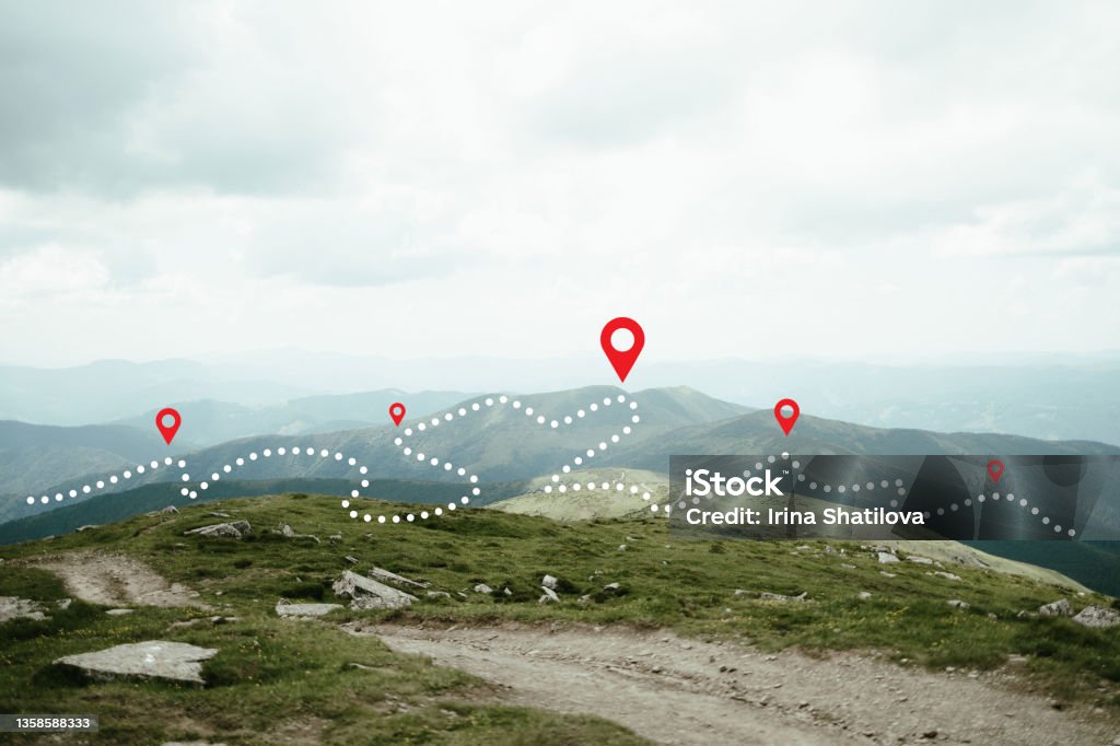 Goal on top of mountain. Business strategy, leadership, planning, and challenge concept. Traveling Traveling. Goal on top of mountain. Business strategy, leadership, planning, and challenge concept. Map Stock Photo