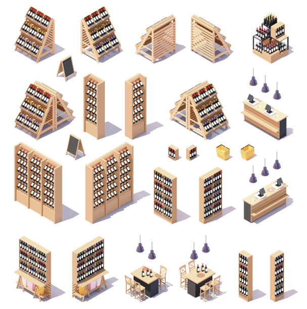 Vector isometric wine shop showcase displays and equipment Vector isometric supermarket or grocery store wine department furniture and equipment. Wine bottles on displays, shelves and gondolas, checkout counter with cash registers, baskets buying liquor stock illustrations
