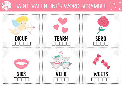 Vector Saint Valentine word scramble activity page. English language game with cupid, heart, rose, loving pair for kids. Love holiday family quiz. Simple educational printable worksheet.