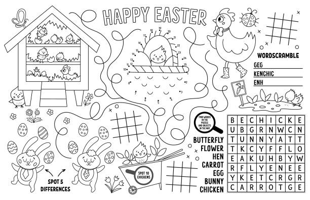 Vector Easter placemat for kids. Spring holiday printable activity mat with maze, tic tac toe charts, connect the dots, find difference. Black and white play mat or coloring page Vector Easter placemat for kids. Spring holiday printable activity mat with maze, tic tac toe charts, connect the dots, find difference. Black and white play mat or coloring page coloring book stock illustrations