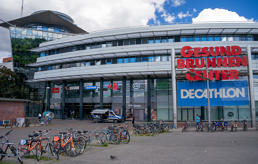 BERLIN, GERMANY JULY 12, 2020. The sign of the Gesundbrunnen Center at the Gesundbrunnen Station in Berlin with nice clouds in the sky.