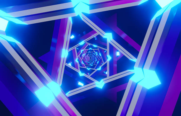 istock Sci-Fi abstract Advanced Technology Portal 3d rendering. Template of Triangle Neon glow blue-purple Tunnel Loop. Abstract flying in Modern zoom neon lighting futuristic metal corridor with triangles. 1358592421