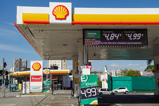Sao Paulo, Brazil: front view of oil company and gas station Shell. Brand logo.