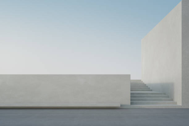 empty concrete floor and white cement wall in city park. - art museum museum architecture bench imagens e fotografias de stock