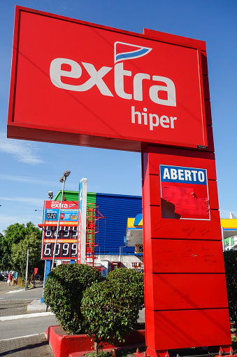 Sao Paulo, Brazil: signboard view of EXTRA brazilian market. Brand logo.