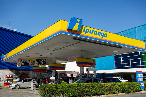 Sao Paulo, Brazil: front view of brazilian oil company and gas station Ipiranga. Brand logo.