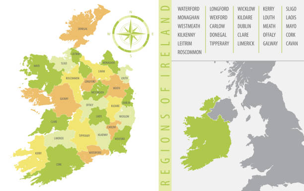 szczegółowa mapa irlandii z podziałem administracyjnym kraju, kolorowa ilustracja wektorowa - munster province illustrations stock illustrations