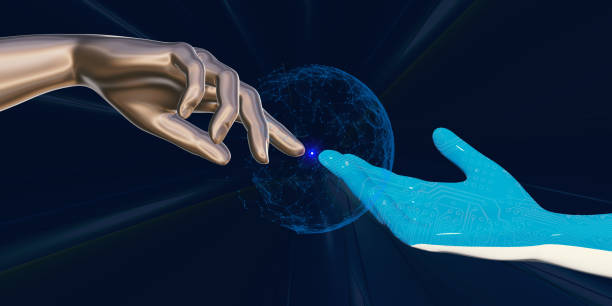 istock Image of hands reaching for each other through the Metaverse concept VR glasses. virtual world 3D illustration 1358594790