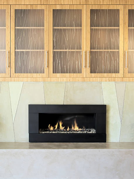 istock Contemporary Custom Home Interior with Fireplace and Bamboo Glass Cabinets 135859497