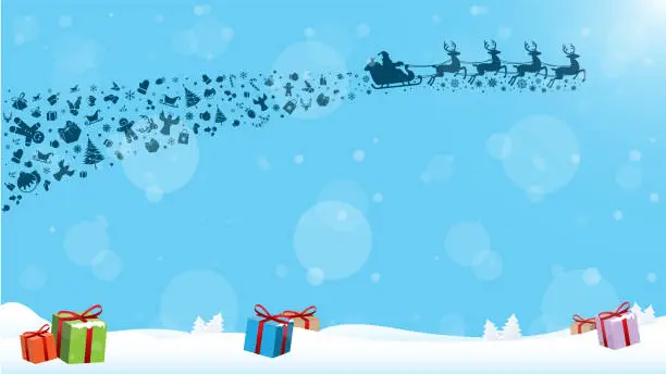 Vector illustration of Flying Reindeers with Santa Claus and Xmas gifts