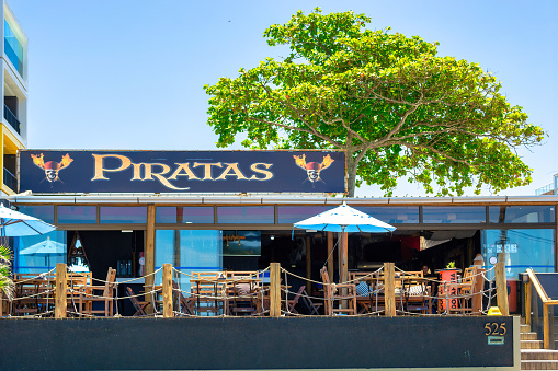 Niteroi, Brazil - December 10, 2021:  Facade of the 'Piratas' restaurant in Piratininga Beach. This is a famous place and tourist attraction in the Rio de Janeiro State.