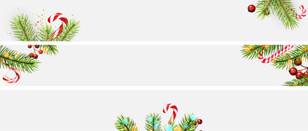 ilustrações de stock, clip art, desenhos animados e ícones de set of banners with green fir branches, confetti, red berries and candy cane sticks. - abstract backgrounds bow greeting card
