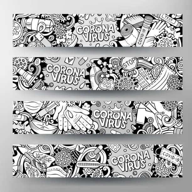 Vector illustration of Cartoon cute doodles Coronavirus horizontal banners set