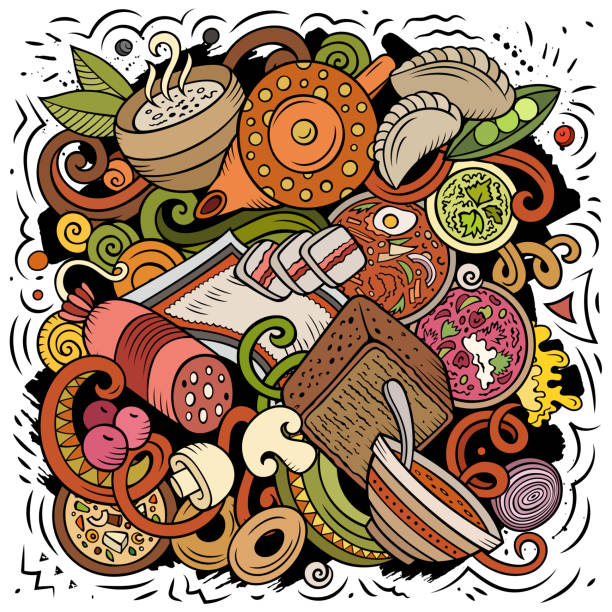 Russian food hand drawn vector doodles illustration. Russia cuisine poster Russian food hand drawn vector doodles illustration. Russia cuisine poster design. National elements and objects cartoon background. Bright colors funny picture russian pelmeni stock illustrations