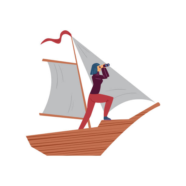 istock Visionary business woman on ship looks into distance through binoculars in flat 1358597974