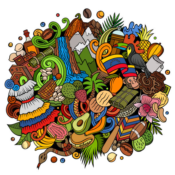 ilustraciones, imágenes clip art, dibujos animados e iconos de stock de ilustración de garabatos de dibujos animados dibujados a mano de venezuela. - ilustraciones de cultura venezolana