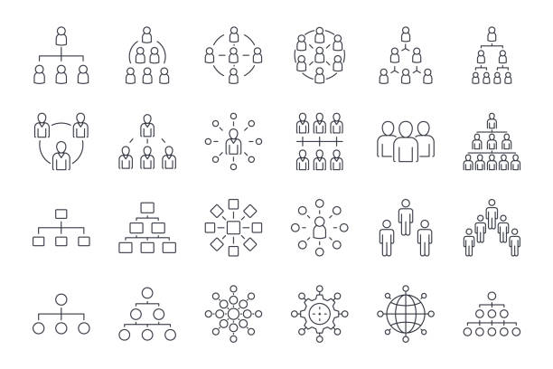 illustrations, cliparts, dessins animés et icônes de icônes vectorielles de hiérarchie d’organigramme. contour modifiable. organisation chef de département de l’entreprise. structure subordonnée de gestion d’entreprise. homme d’affaires manager employé - flow chart