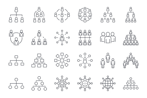 Organization chart hierarchy vector icons. Editable stroke. Organization company head of departments. Enterprise management subordinate structure. Businessman manager employee.