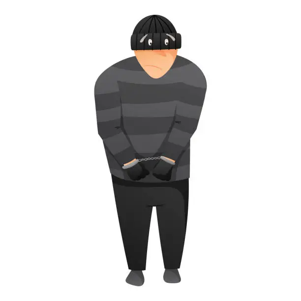 Vector illustration of Vector cartoon isolated illustration of a male thief or crook in a mask and gloves. Detention of a criminal, handcuffed hands.