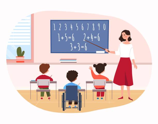 Disabled child in classroom Disabled child in classroom. Teacher shows pointer to blackboard, metaphor for learning and equal opportunity. Special schools, educational institutions, knowledge. Cartoon flat vector illustration teacher clipart stock illustrations
