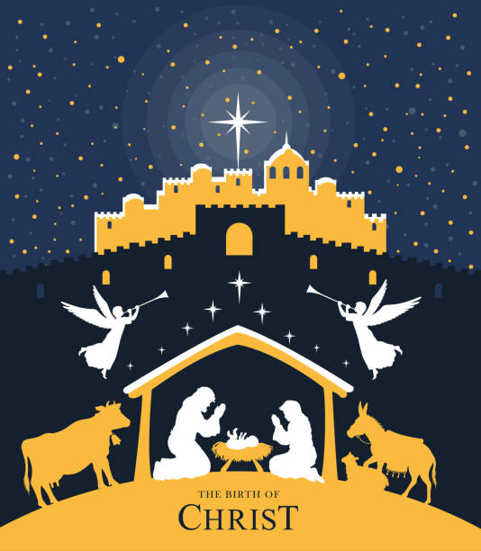 ilustraciones, imágenes clip art, dibujos animados e iconos de stock de noche santa. ¡el nacimiento de cristo! belén de navidad. - star of bethlehem