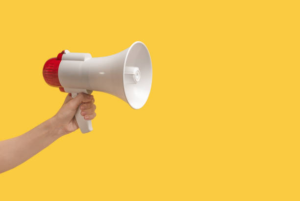 istock Megaphone in woman hands on a yellow background. 1358602588