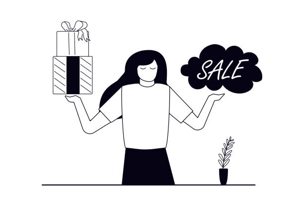 illustrazioni stock, clip art, cartoni animati e icone di tendenza di la promotrice femminile annuncia una grande vendita. messaggi dei lavoratori dei cartoni animati sullo sconto. concetto di shopping economico. line art e disegnate a mano - doodle sketch drawing letter