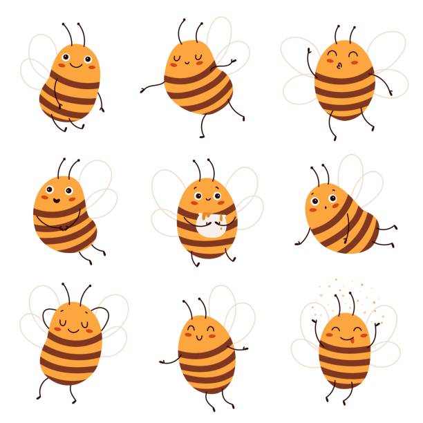 cartoon biene. süße lustige honigbienenfiguren, verschiedene posen und positive emotionen, hübsche gestreiftes insekt mit transparenten flügeln, entzückende doodle-insekten für kinder, vektor-isoliertes set - lustige biene stock-grafiken, -clipart, -cartoons und -symbole