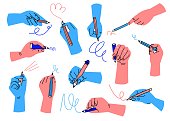 Writing hands. Colorful human hand hold pencil, pen and brush. Doodle drawing or sketching process, cartoon arms trendy colors, different fingers positions, vector isolated set