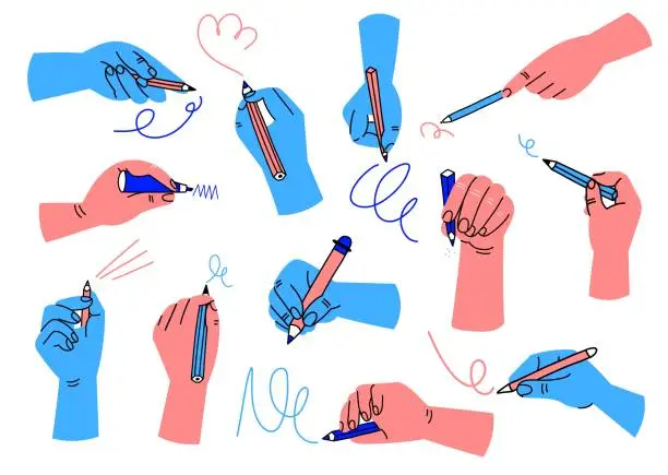 Vector illustration of Writing hands. Colorful human hand hold pencil, pen and brush. Doodle drawing or sketching process, cartoon arms trendy colors, different fingers positions, vector isolated set