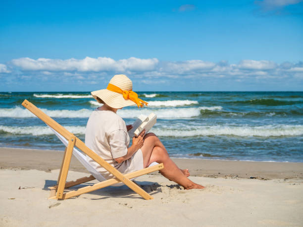 istock Woman relaxing on beach reading book 1358606584