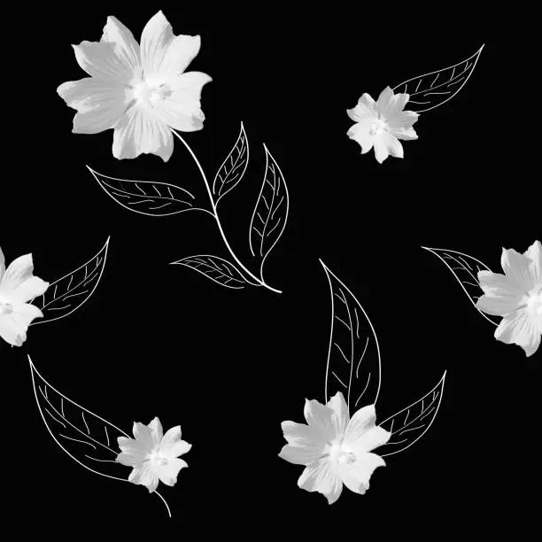 Vector illustration of seamless pattern with flowers in black and white. Mix of line drawing and realistic drawing