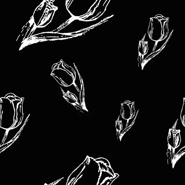 Vector illustration of seamless pattern with tulips in black and white.