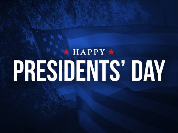 Happy Presidents' Day Holiday Card with Waving American Flag Over Dark Blue Background Happy Presidents' Day Holiday Card with Waving American Flag Over Dark Blue Background Texture presidents day stock pictures, royalty-free photos & images