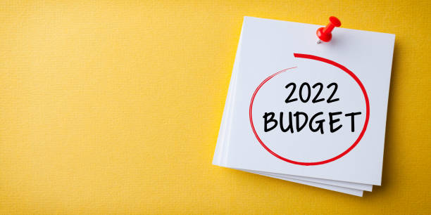 Budget 2022 Word in Yellow Sticky Note on Yellow Background stock photo