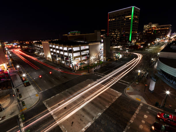 istock Downtown Boise at night with streaking car light 1358610509