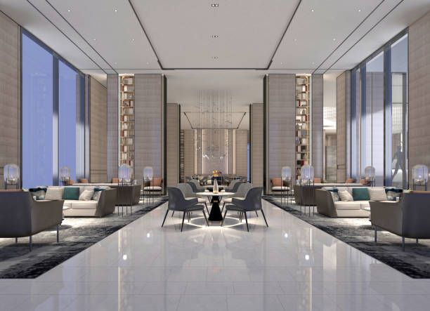 render 3d luksusowego lobby hotelowego i recepcji - hotel reception lobby hotel luxury zdjęcia i obrazy z banku zdjęć