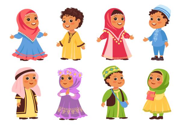 Muslim kids. Funny Arab boys and girls in traditional clothes. Happy little Islamic children national outfit. Young people wear hijab or skullcap. Vector persons set in Arabian clothing Muslim kids. Funny Arab boys and girls in traditional clothes. Happy little Islamic children national outfit. Happy young people wear hijab or skullcap. Vector isolated persons set in Arabian clothing cartoon of muslim costume stock illustrations