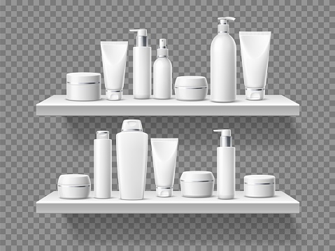 Shelf with creams. Realistic skin care cosmetic packaging. Beauty and health products. Different 3d tubes. Moisturizer jars and bottles. Rack hanging on transparent wall. Vector concept