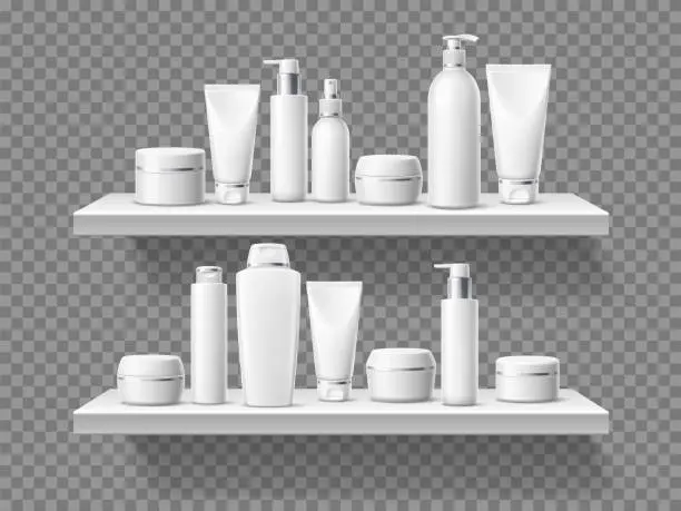 Vector illustration of Shelf with creams. Realistic skin care cosmetic packaging. Beauty and health products. Different 3d tubes. Moisturizer jars and bottles. Rack hanging on transparent wall. Vector concept