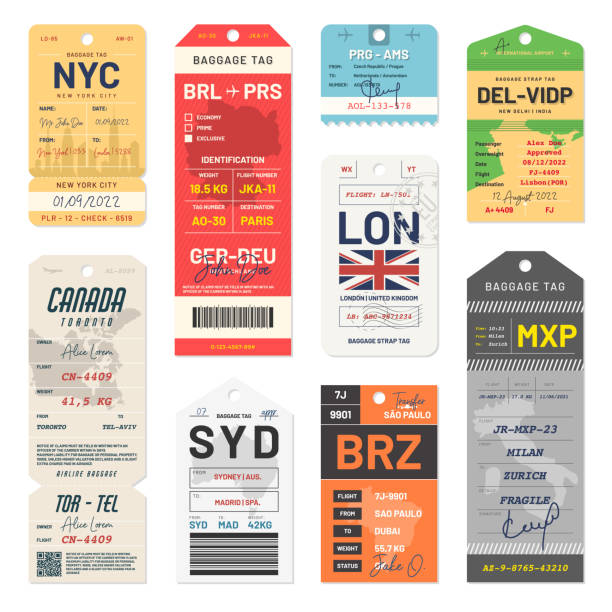 ilustraciones, imágenes clip art, dibujos animados e iconos de stock de etiquetas de equipaje y etiquetas de viaje. etiquetas de equipaje y etiquetas para pasajeros de aeropuertos. juego de etiquetas de equipaje y pegatinas para viajeros - suitcase label travel luggage