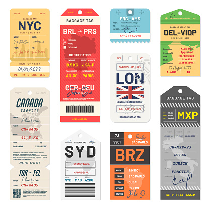 Baggage tags and travel tags. Luggage tags and labels for airport passengers. Set of luggage labels and stickers for travelers. Vector
