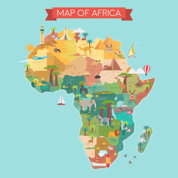 Africa tourist map with famous landmarks. Africa tourist map with famous landmarks. Map with country names. Vector illustration. czech lion stock illustrations