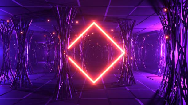 istock 3D render. Abstract futuristic geometric background with particle motion and neon frame in a cyber space 1358621221